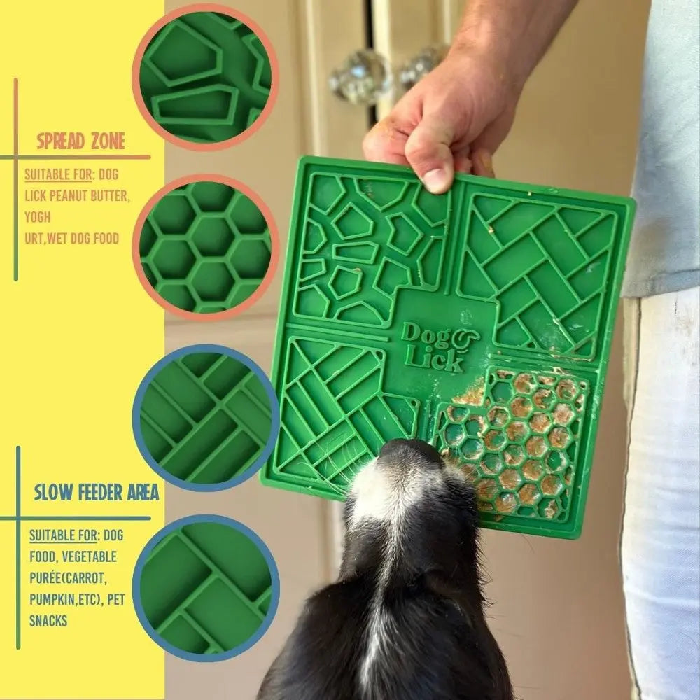 Dog lick mat for spreading peanut butter and wet food, promoting slow feeding and mental stimulation.