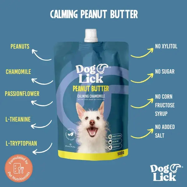 Calming peanut butter pouch for dogs, featuring chamomile and natural ingredients for relaxation.