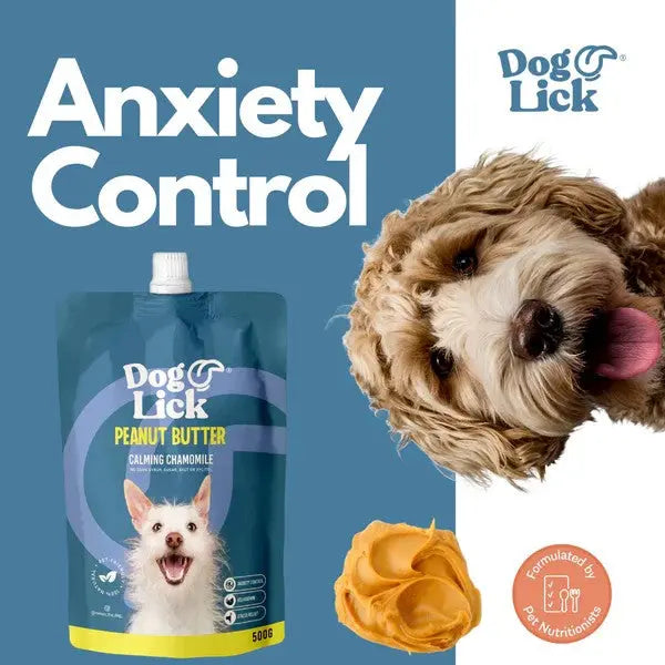 Dog Lick peanut butter pouch for anxiety control with calming chamomile, featuring a happy dog.
