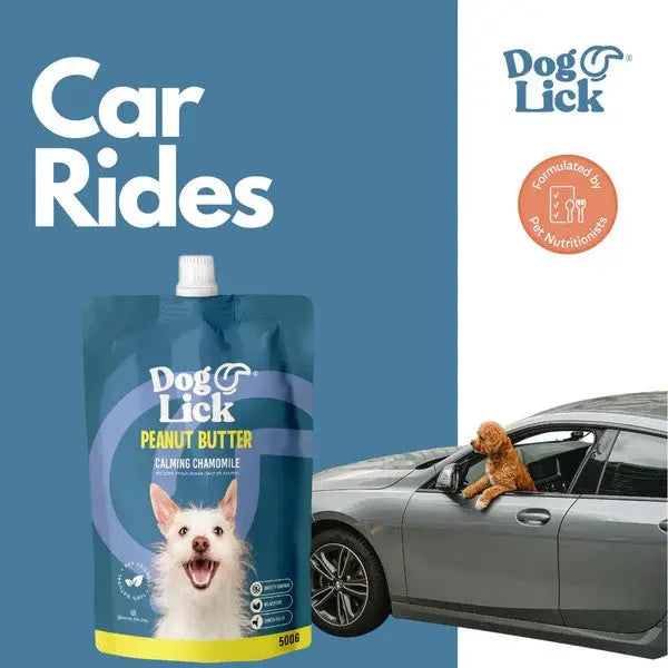 Dog Lick peanut butter pouch for calming dogs during car rides, featuring a happy dog in a vehicle.