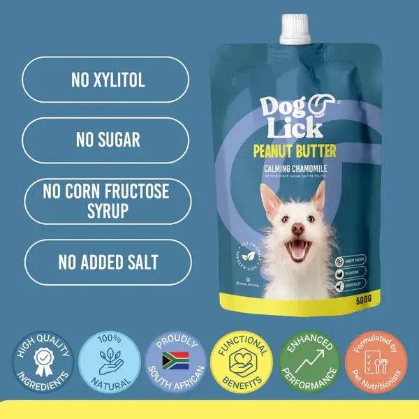 Peanut butter dog treat pouch with calming chamomile, featuring natural ingredients and no added sugars.