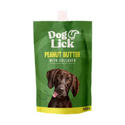 Peanut butter pouch for dogs with collagen, featuring a friendly dog on the packaging.