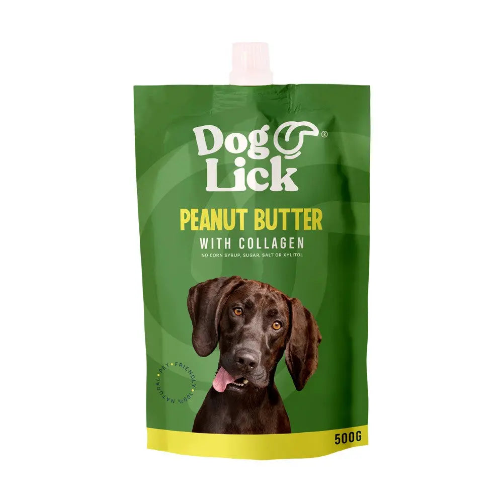 Peanut butter pouch for dogs with collagen, featuring a friendly dog on the packaging.