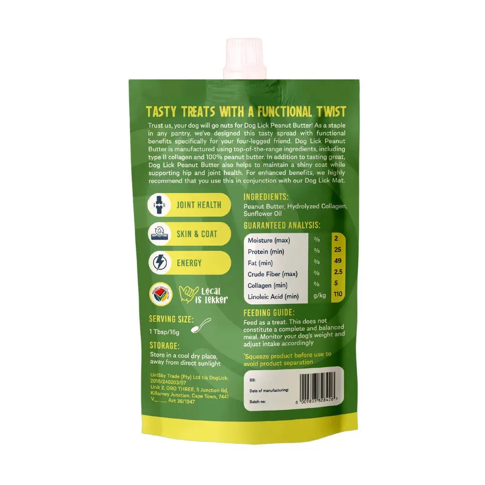 Peanut butter treat pouch for pets, promoting joint health and skin care with functional ingredients.