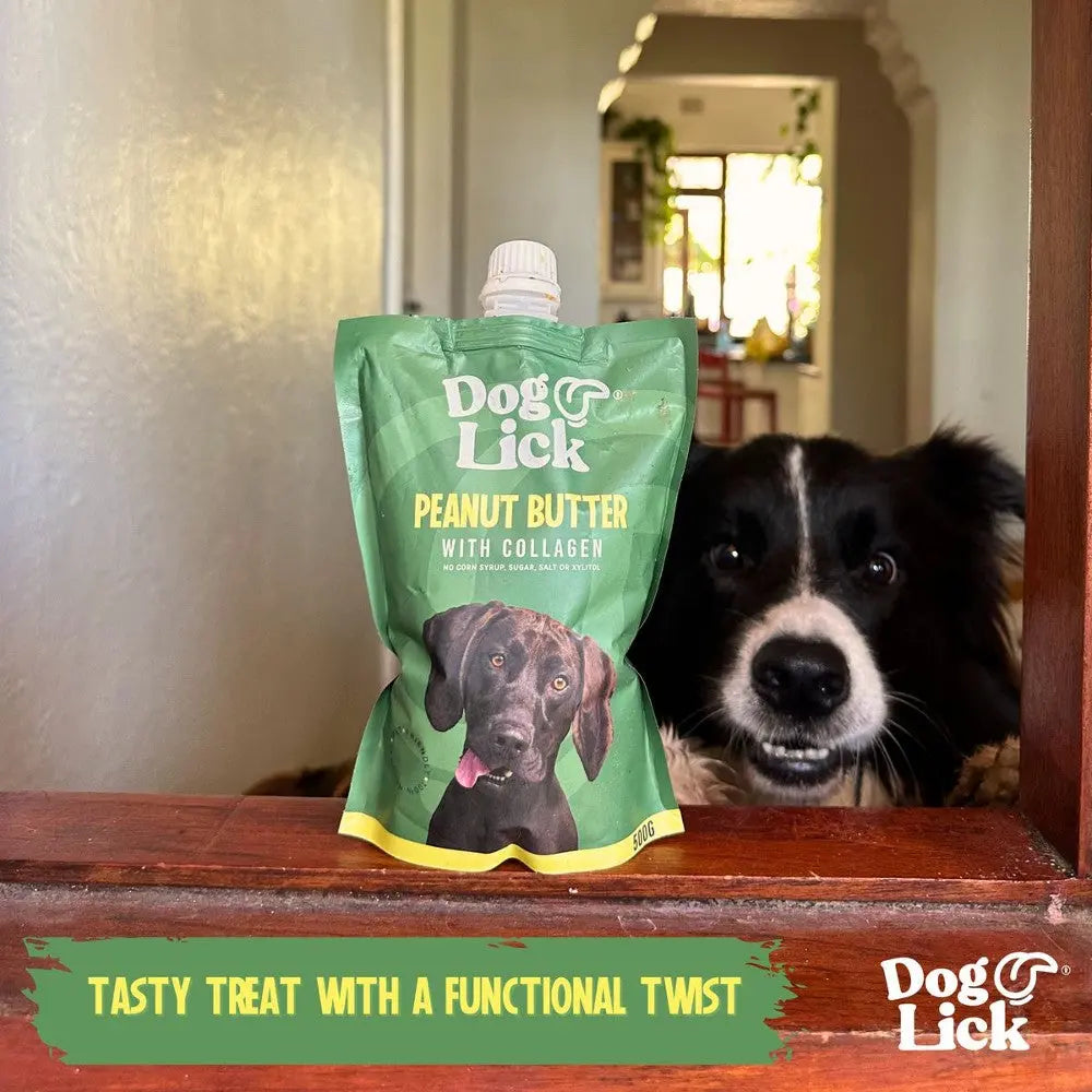 Peanut butter pouch for dogs with collagen, promoting health and tasty enjoyment.
