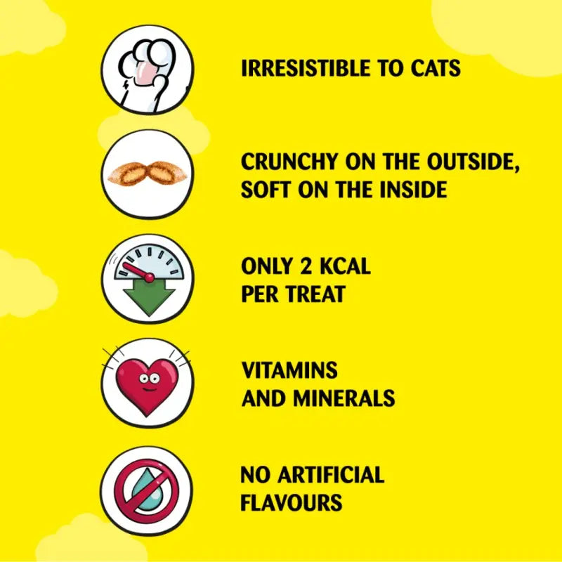 Cat treat infographic highlighting irresistible crunch, low calories, vitamins, and no artificial flavors.