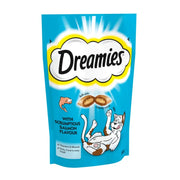 Dreamies cat treats bag featuring scrumptious salmon flavor and playful cat illustration.