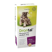 Drontal flavored tablets for medium dogs, 48-count blister pack for effective parasite control.