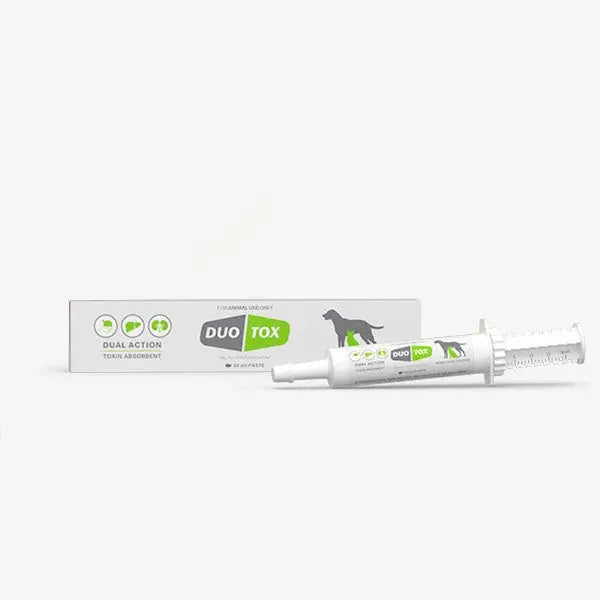 DuoTox dual action toxin absorbent for pets, featuring a syringe and packaging design.