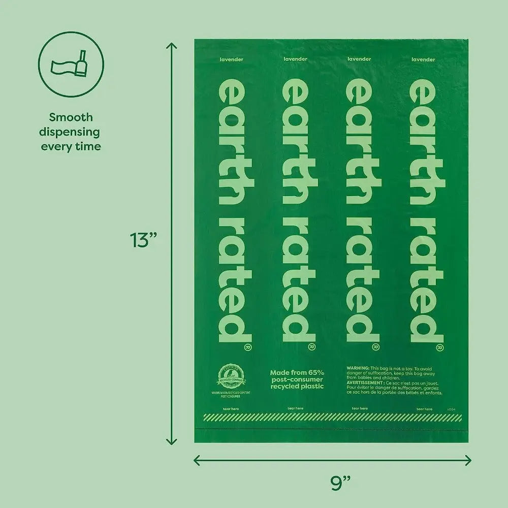 Lavender-scented dog waste bags made from 65% recycled plastic for eco-friendly disposal.