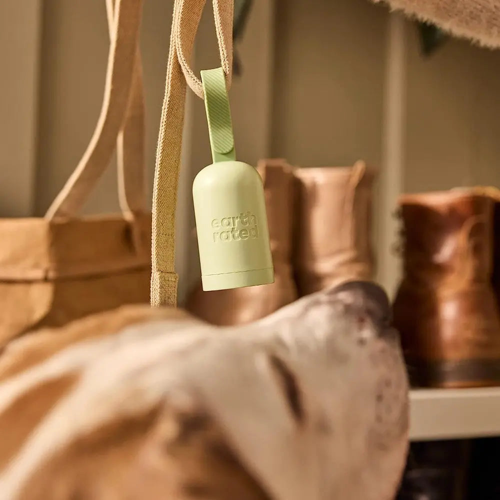 Eco-friendly dog waste bag dispenser hanging near shoes and a dog.