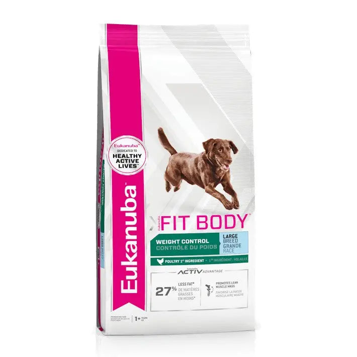 Eukanuba Fit Body dog food bag for weight control, featuring a large breed formula with poultry ingredients.