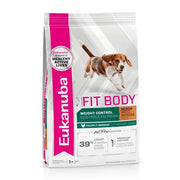 Eukanuba Fit Body dog food bag for medium breeds, featuring weight control and poultry ingredients.