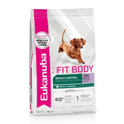 Eukanuba Fit Body dog food bag for small breeds, promoting weight control and active lifestyles.