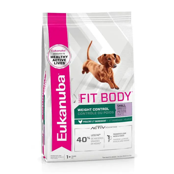 Eukanuba Fit Body dog food bag for small breeds, promoting weight control and active lifestyles.