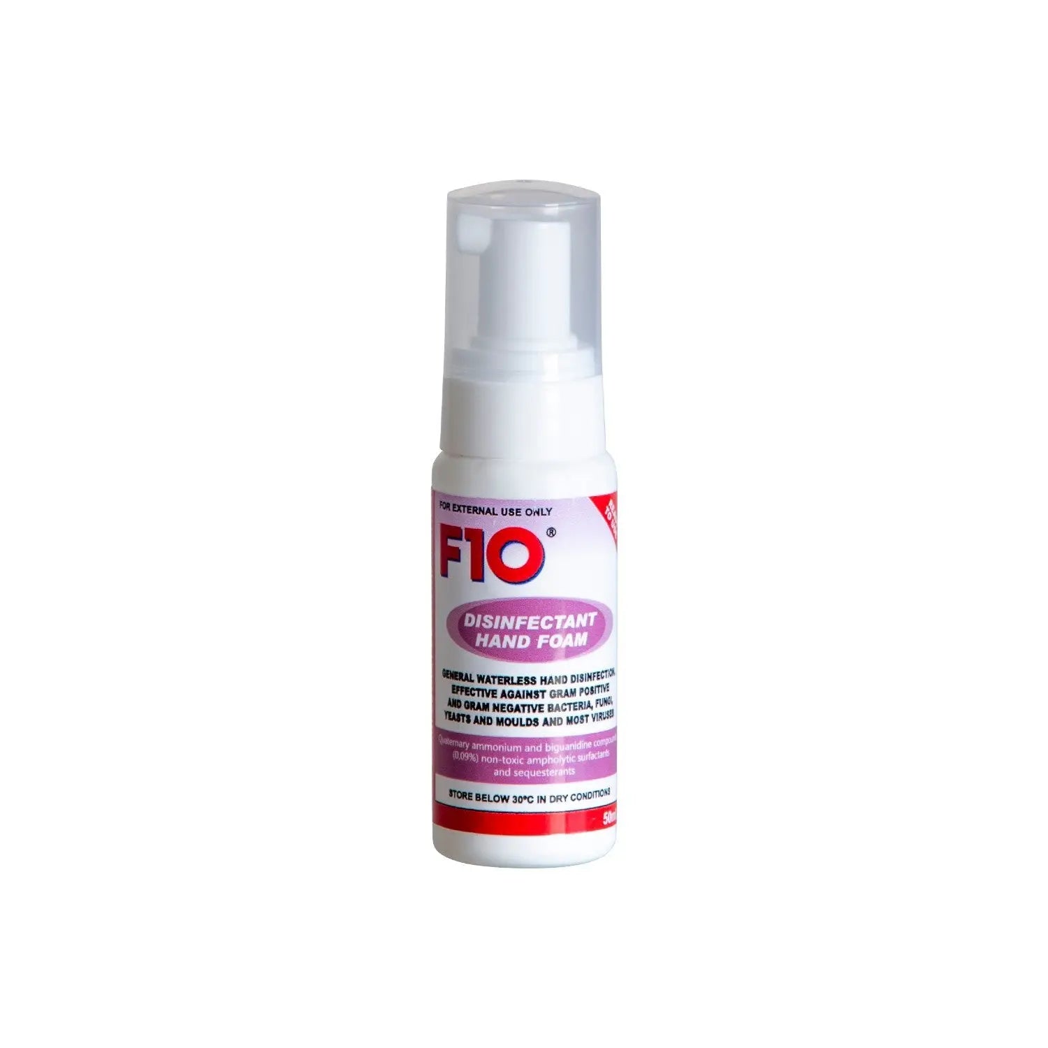 F10 disinfectant hand foam in a spray bottle for effective hygiene and germ protection.