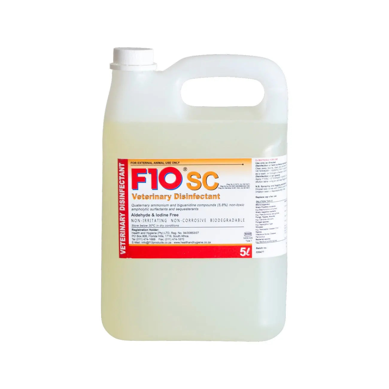 Veterinary disinfectant in a 5-liter container, effective and biodegradable for animal care.