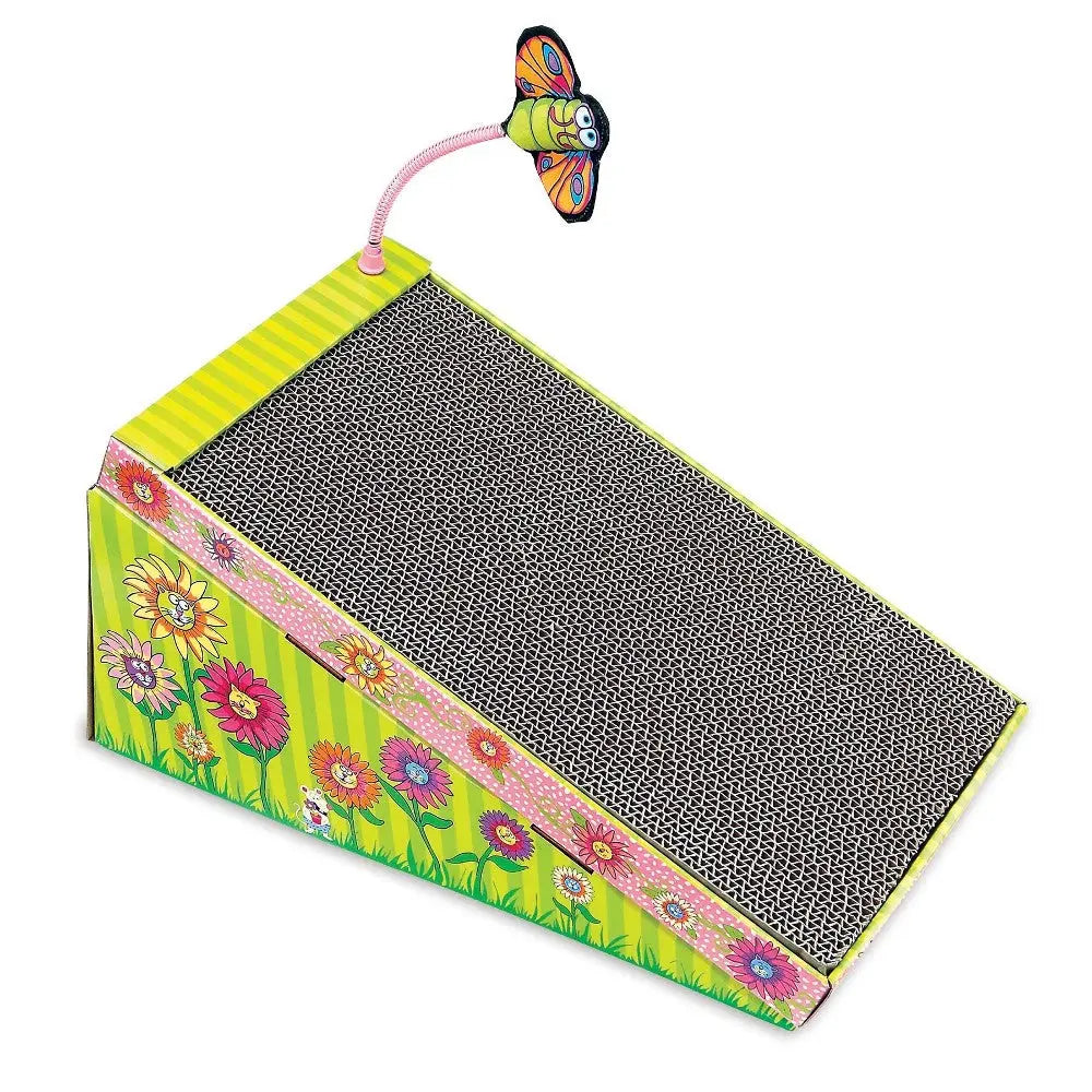 Colorful cat scratcher ramp with butterfly toy and floral design for playful feline fun.