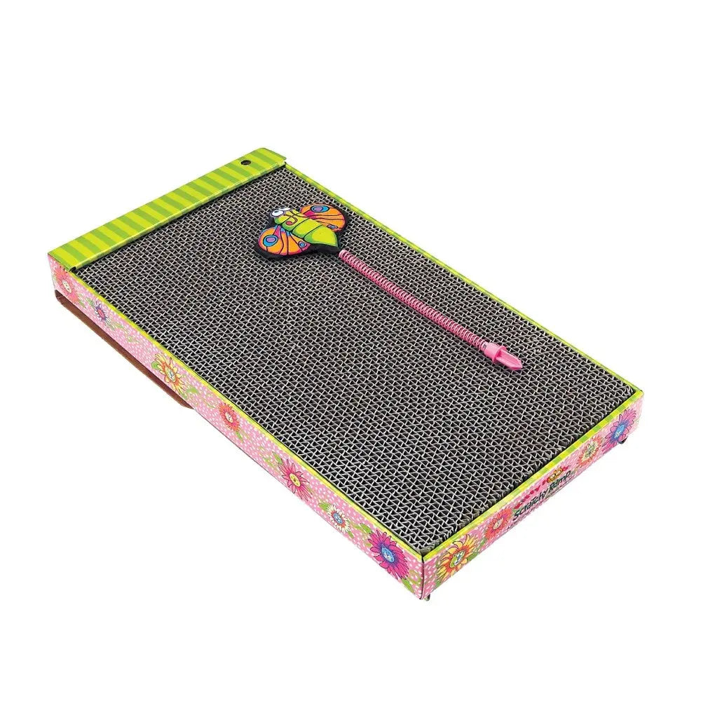 Colorful cat scratcher with butterfly toy, perfect for feline play and scratching needs.