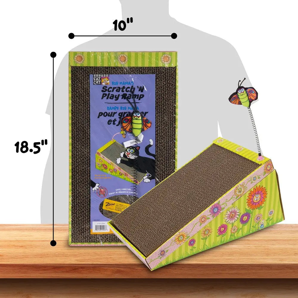 Cat scratcher ramp with colorful design, perfect for play and scratching, measuring 10" x 18.5".