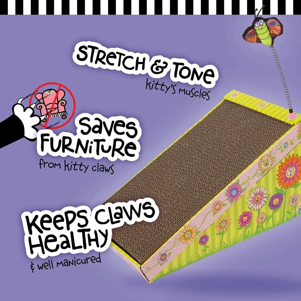 Cat scratching post with floral design, promotes healthy claws and saves furniture from damage.