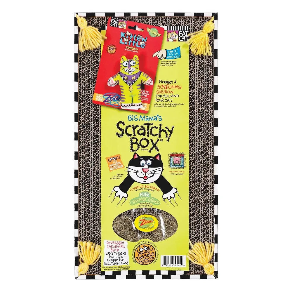 Big Mama's Scratchy Box for cats, featuring organic catnip and a fun scratching surface.