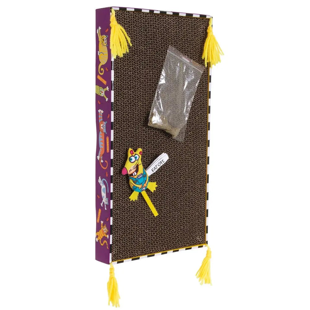 Colorful cat scratcher with playful design, attached toy, and catnip pouch for feline fun.