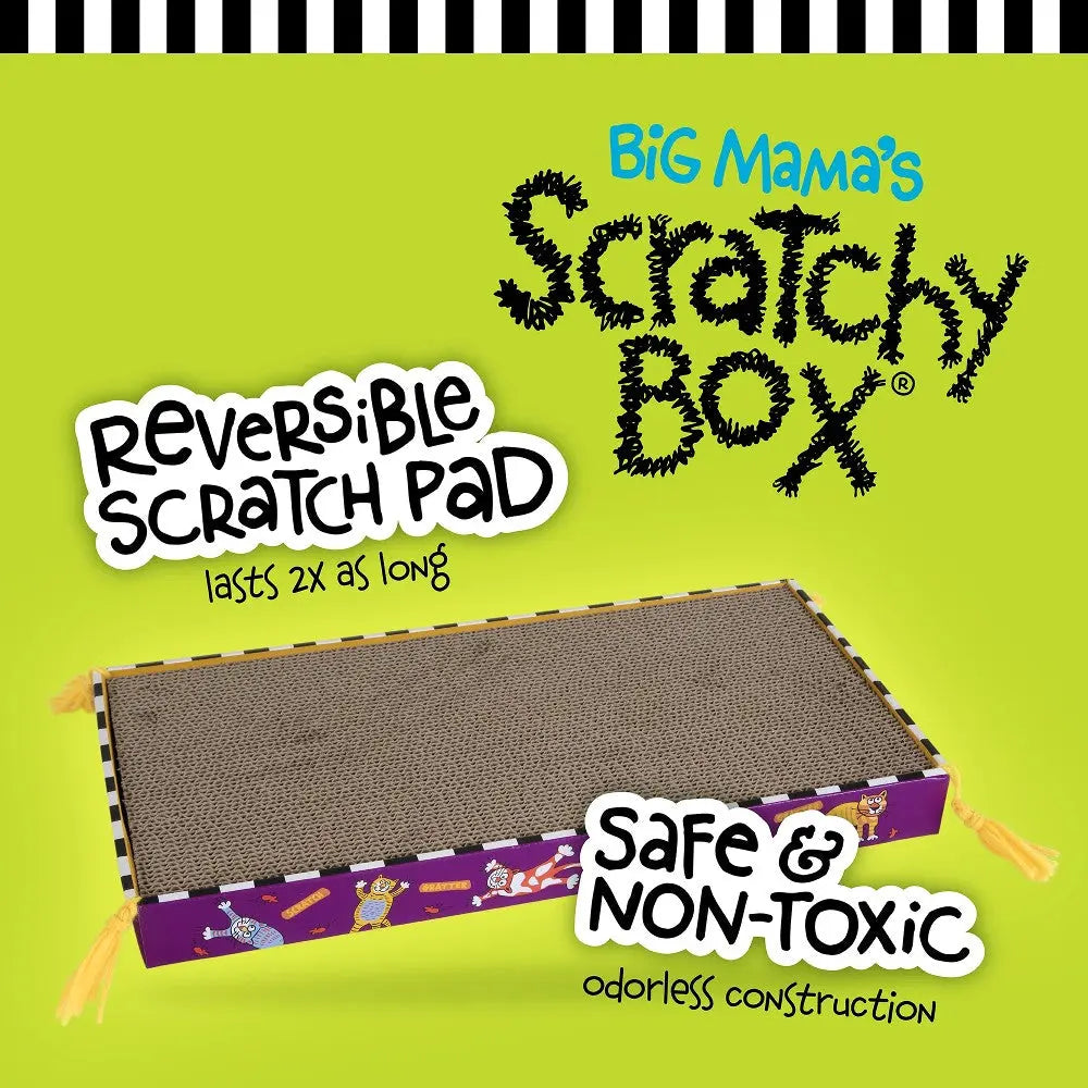 Big Mama's Scratchy Box, a reversible scratch pad, is safe, non-toxic, and odorless for your cat's enjoyment.