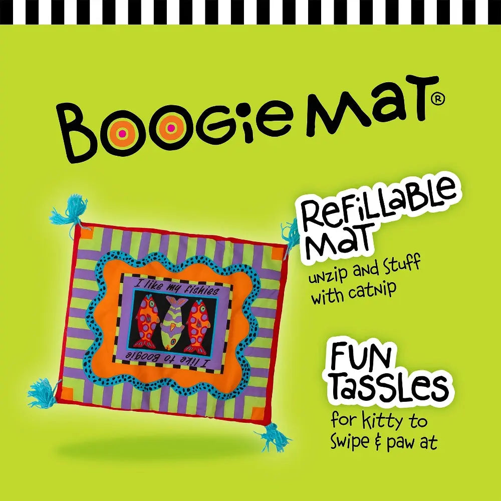 Colorful refillable cat mat with fun tassels and catnip for playful pets.