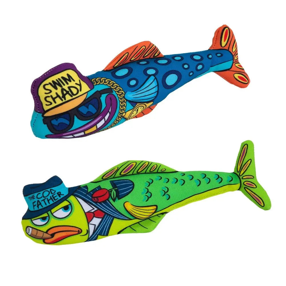 Colorful plush fish toys featuring playful designs, perfect for pet playtime and fun.
