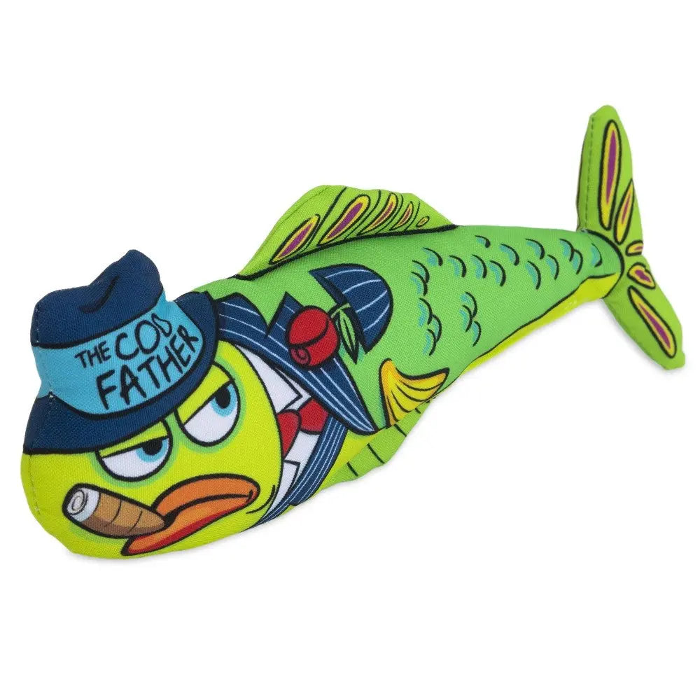 Colorful plush fish toy with a humorous design, perfect for playful pets.