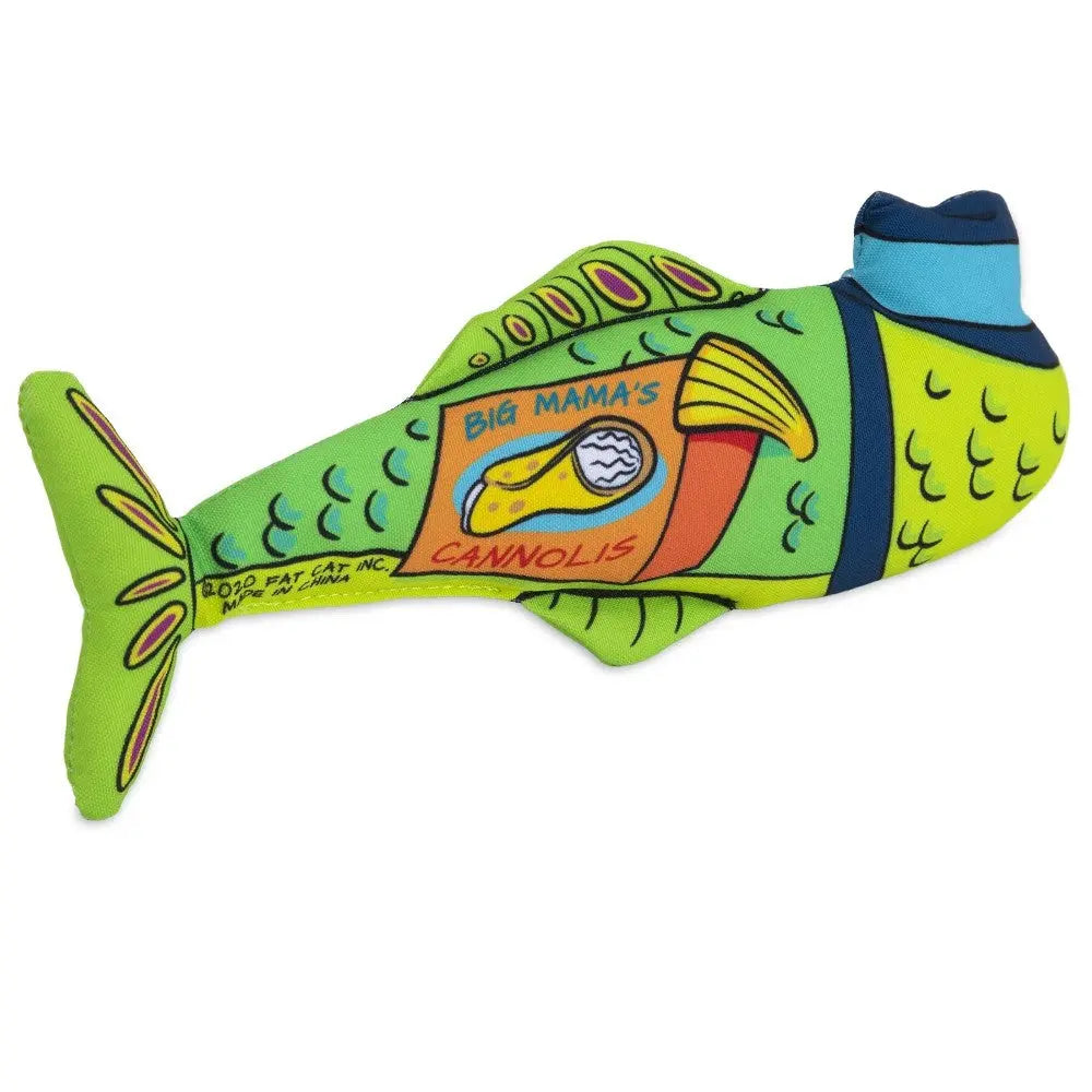 Colorful plush fish toy with "Big Mama's Cannolis" label, perfect for playful pets.