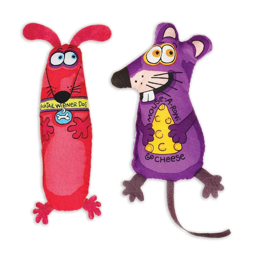 Colorful plush dog toys featuring a wiener dog and a mouse with cheese, perfect for playful pets.