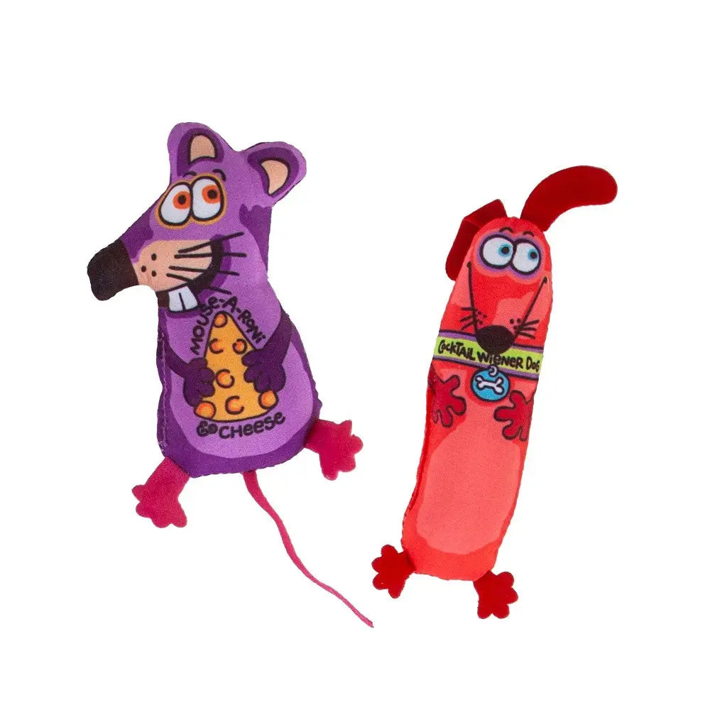 Colorful plush dog toys shaped like a rat and a dog, perfect for interactive play and chewing.