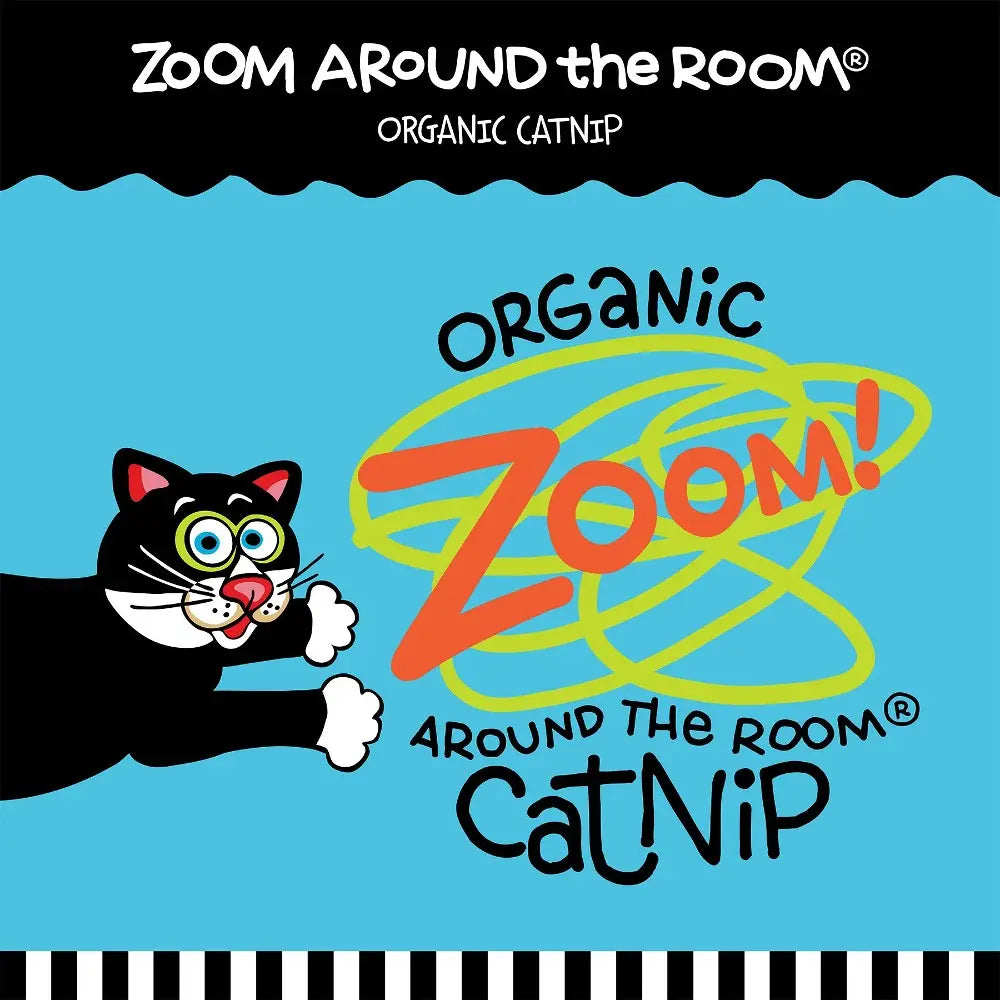 Organic catnip packaging featuring a playful black cat and vibrant "Zoom Around the Room" branding.