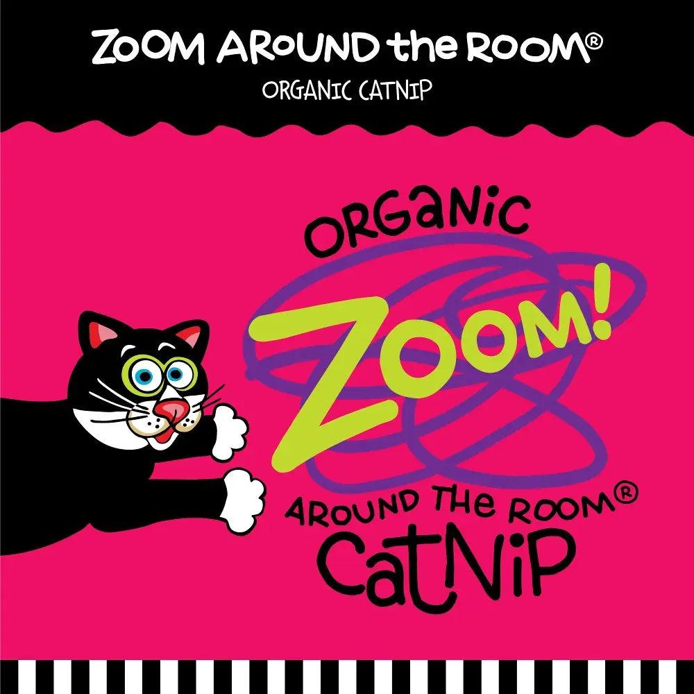 Organic catnip packaging featuring a playful black cat and vibrant colors.
