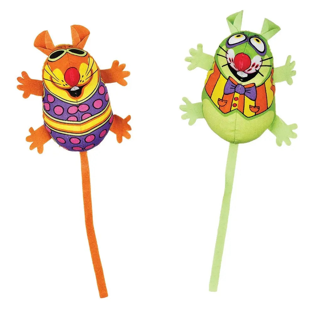 Colorful plush cat toys featuring a mouse and a frog design, perfect for interactive playtime.