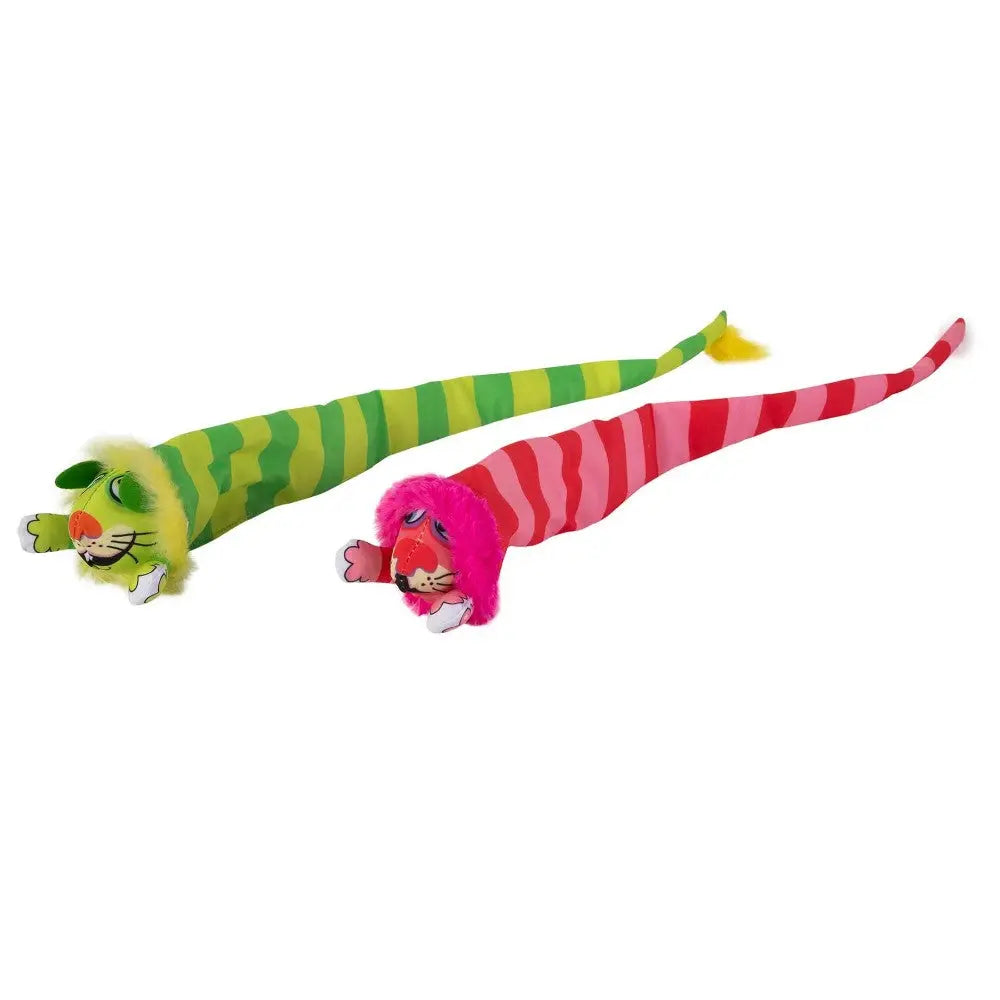 Colorful striped plush toy cats in green and pink, perfect for playful pets and vibrant decor.