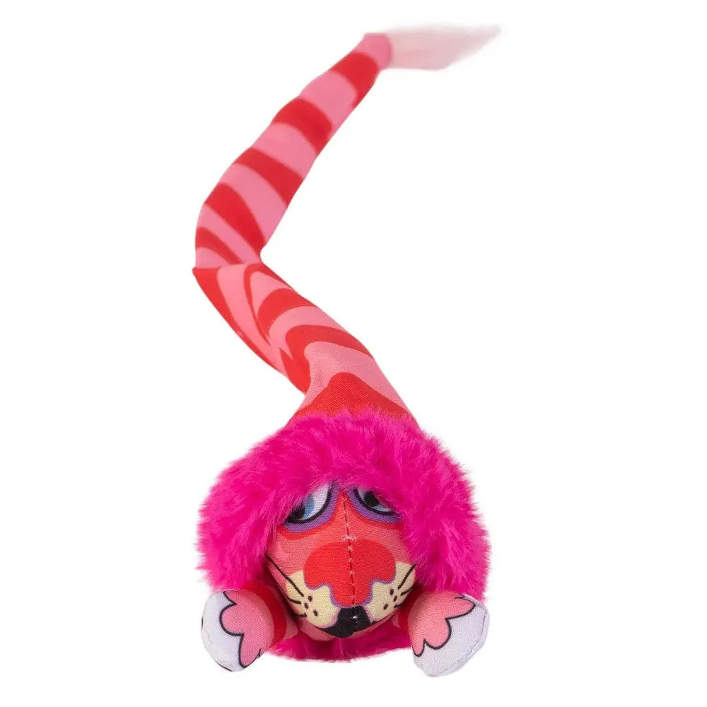 Colorful plush snake toy with a playful design and fuzzy pink accents for pets.