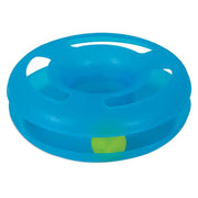 Blue interactive cat toy with a rolling ball for engaging playtime and mental stimulation.