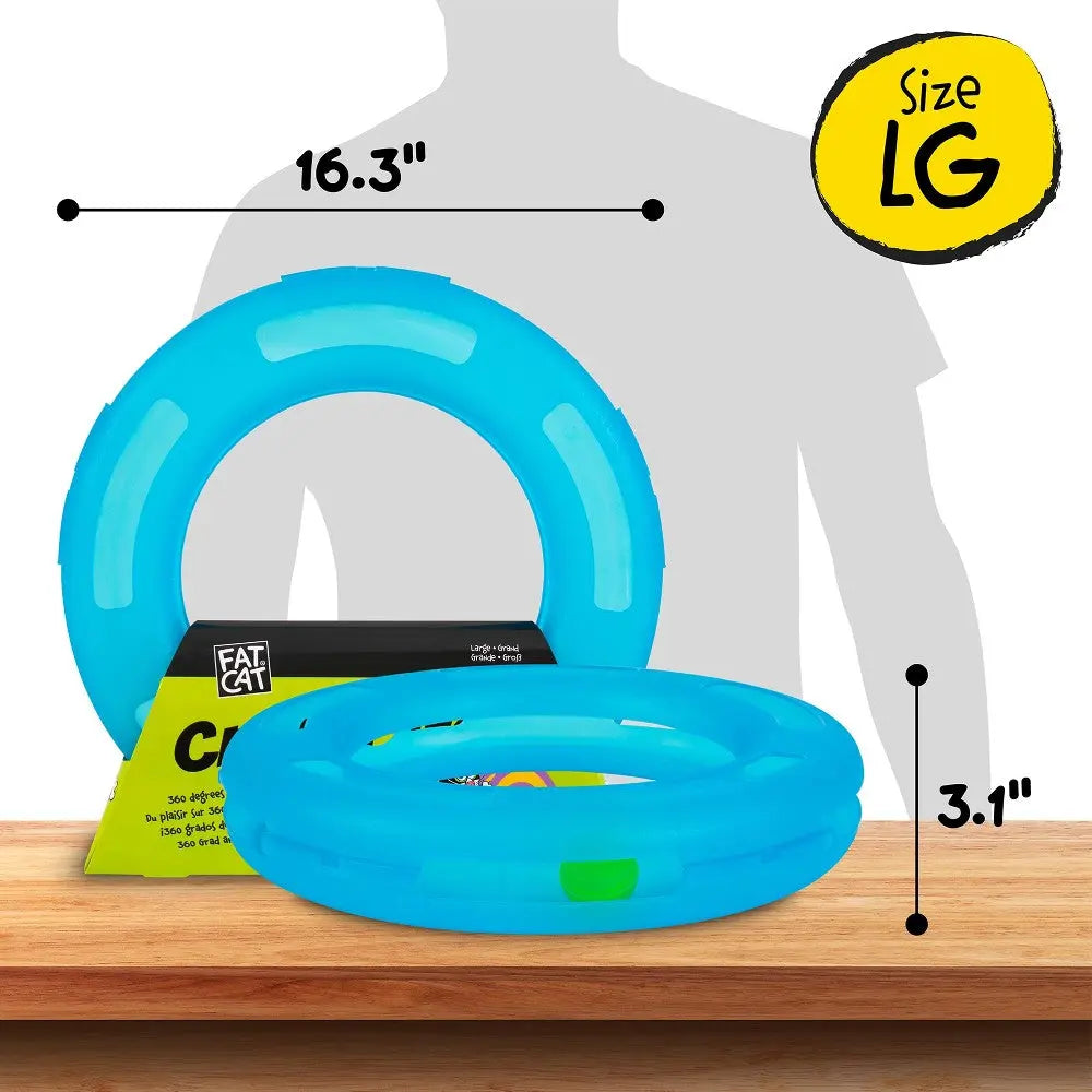 Large blue cat toy ring with dimensions, perfect for interactive play and exercise.