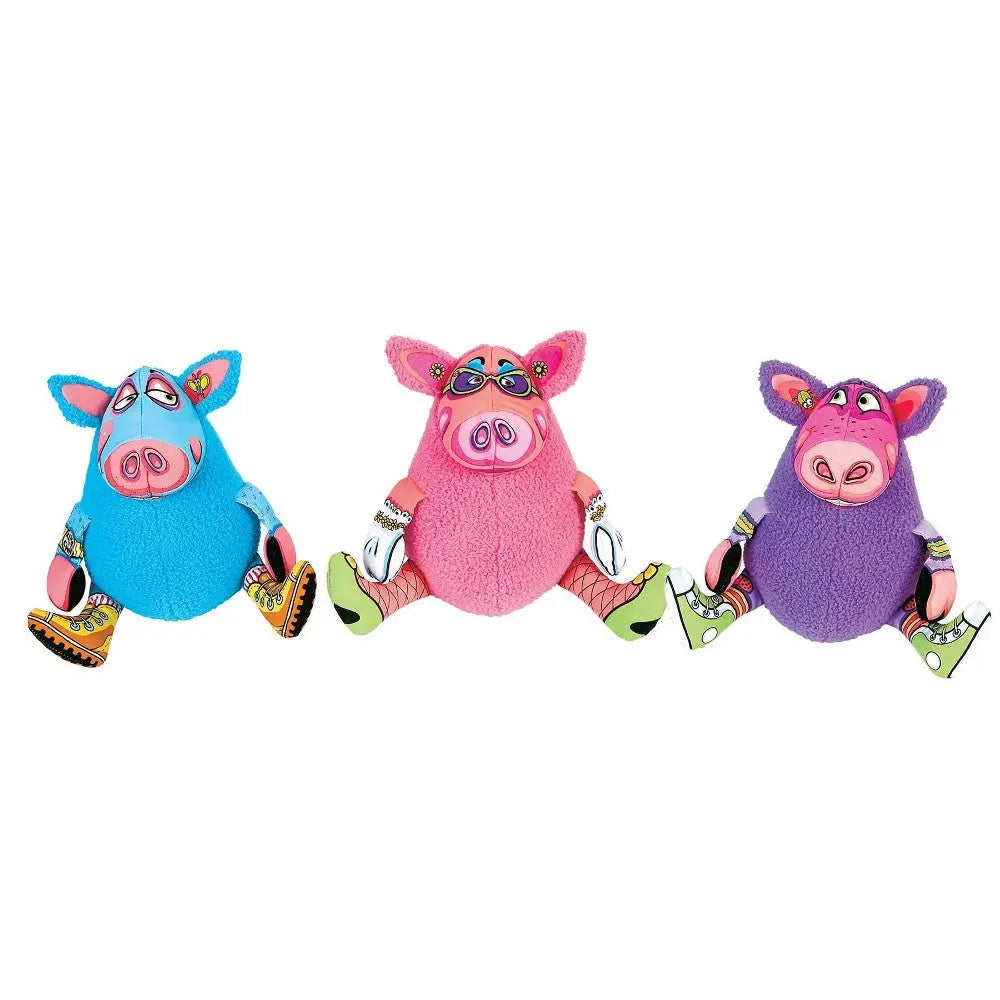 Colorful plush pig toys in vibrant outfits, perfect for playful pets and fun decor.