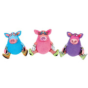 Colorful plush pig toys in vibrant outfits, perfect for playful pets and fun decor.