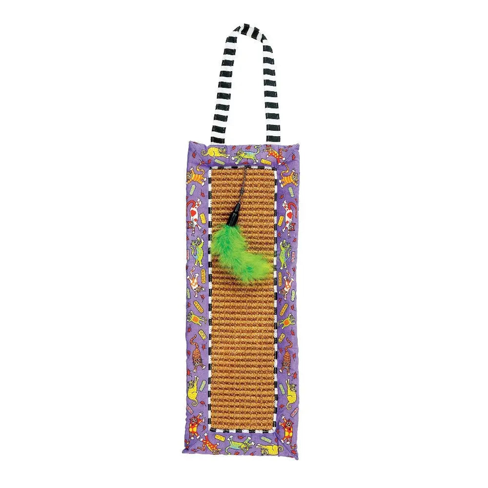 Colorful cat scratcher with a feather toy, perfect for playful feline fun and scratching satisfaction.