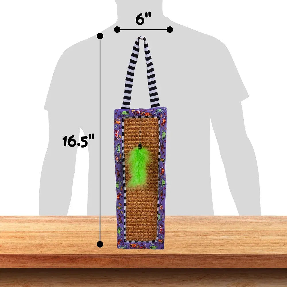 Cat toy with a feather attachment, designed for interactive play and scratching, measuring 16.5" x 6".