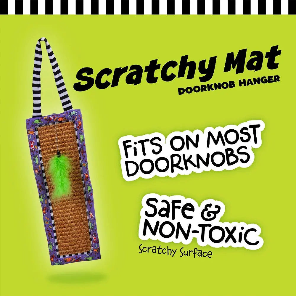 Scratchy mat doorknob hanger for cats, safe and non-toxic with a scratchy surface for playful fun.