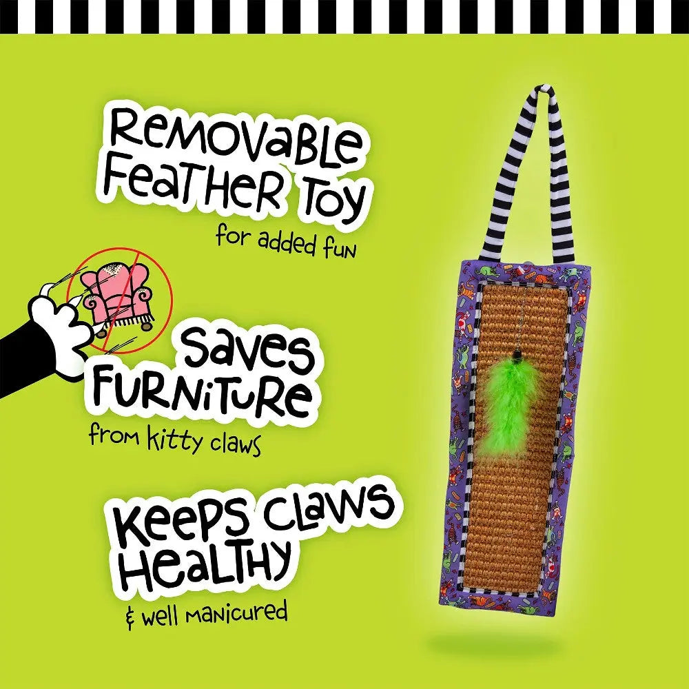 Colorful cat scratching post with removable feather toy for healthy claws and furniture protection.
