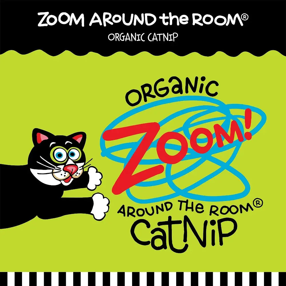Organic catnip packaging featuring a playful black cat and vibrant "Zoom Around the Room" logo.