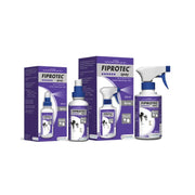 Fiprotec spray packaging for effective flea and tick control in pets, featuring various bottle sizes.