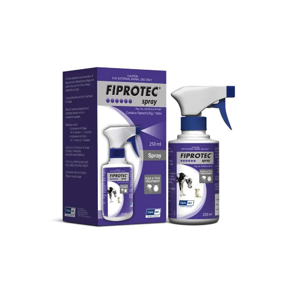 Fiprotec spray for pets, effective flea and tick treatment in a 250ml bottle with clear instructions.